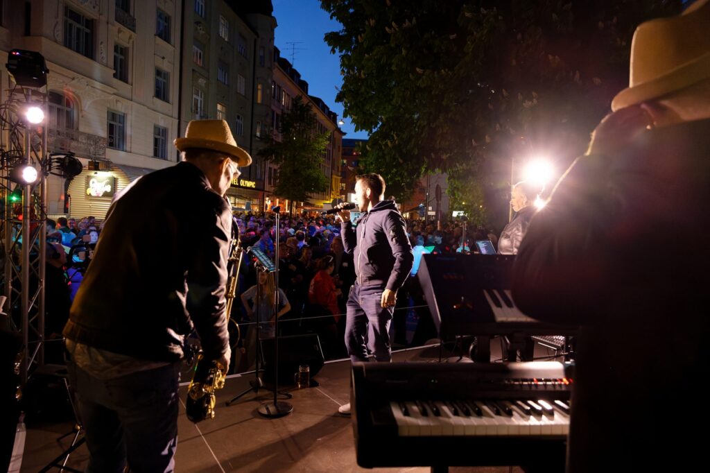 Publikum vor der Bühne beim Straßenfest bei Nacht mit Music2Dance